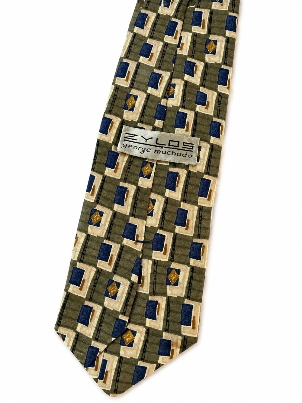 Vintage Zylos George Machado Men's Tie Silk Olive Green Navy Blue Geometric 90s